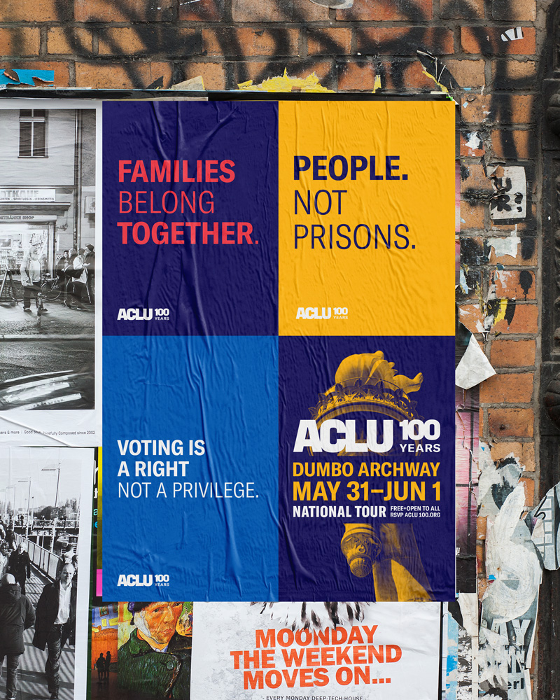 A mockup of a poster wheatpasted on a brick wall. The poster is divided into four quadrants. Three show the slogans for the exhibits in large type: "Families belong together," "People not prisons", and "Voting is a right not a privilege". The final quadrant shows a duotone image of the statue of liberty torch, with the event info across it.