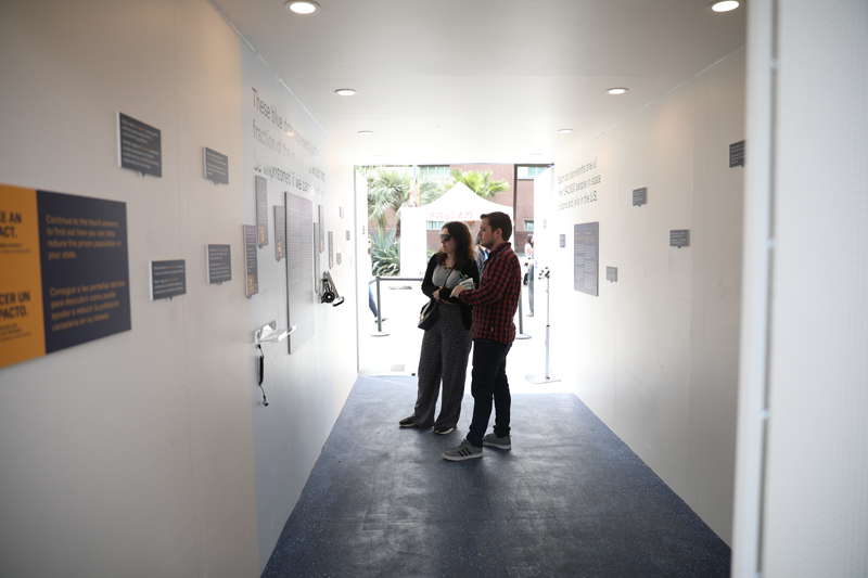 Two people stand in an exhibit, reading plaques on the wall.