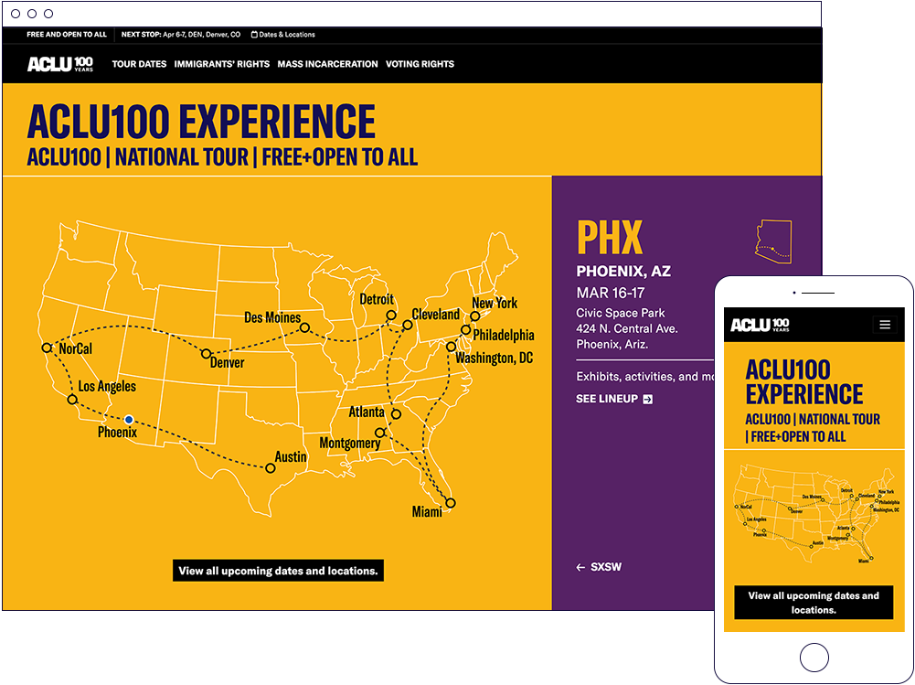 A desktop and mobile view of the ACLU100 Experience Website. It shows a map of the US with a tour route of 15 cities mapped out across it. On the desktop version, Phoenix is selected, and the event info shows in a pane to the right.