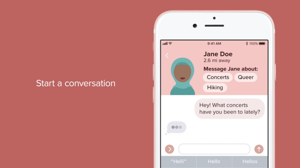 A frame from the pitch video above. On the left is the text "Start a conversation", and on the right is a mobile device showing a conversation. At the top of the conversation is a user's avatar and info: "Jane Doe," "2.6 miles away". It also says "Message Jane about:" followed by words in individual rounded button-like containers: Concerts, Queer, Hiking. The conversation contains one text from the first-person user, which says "Hey! What concerts have you been to lately?" A typing indicator shows that Jane Doe is typing a response.